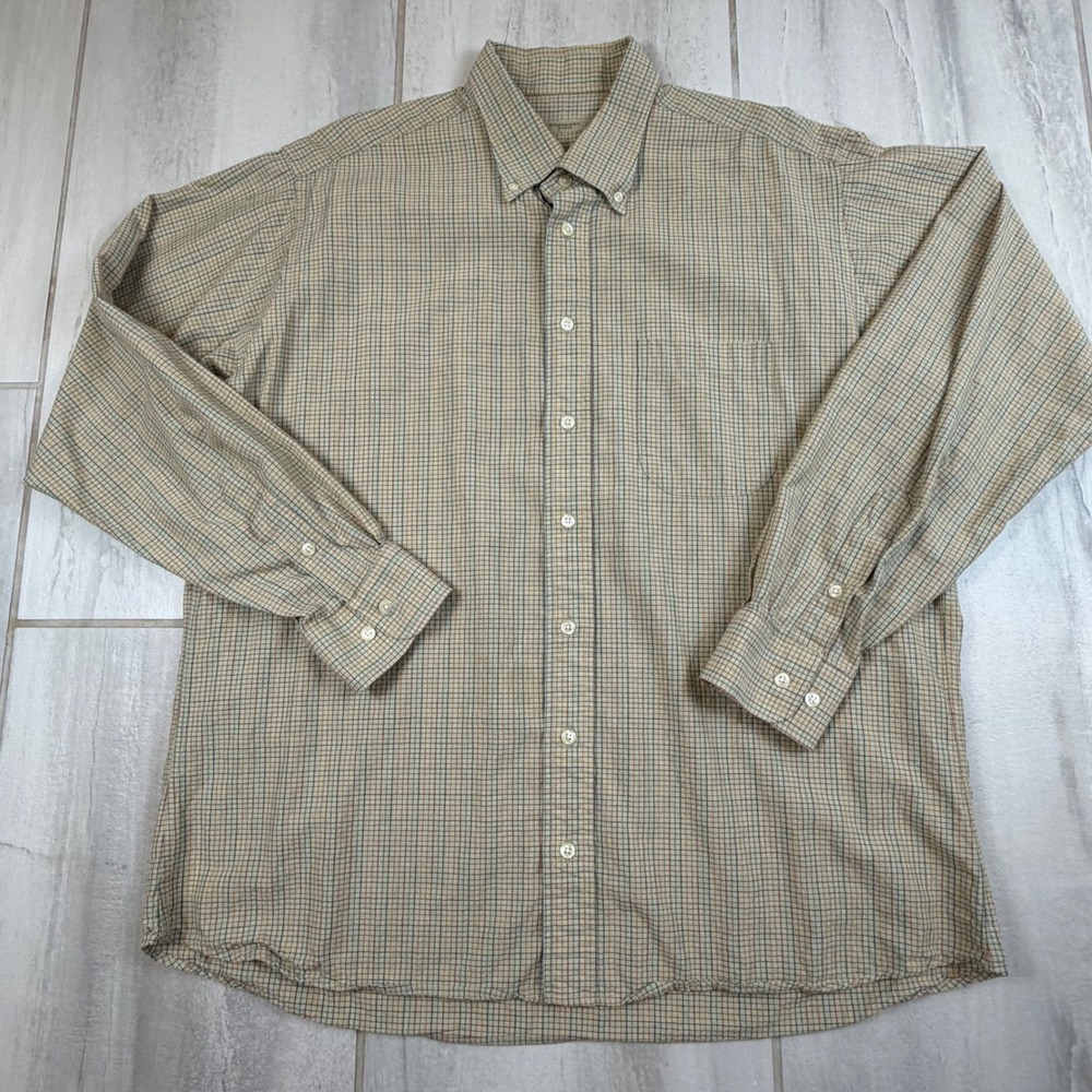 Burberry London Mens XL Tan Plaid Check Button Down Shirt Cotton Made in USA
